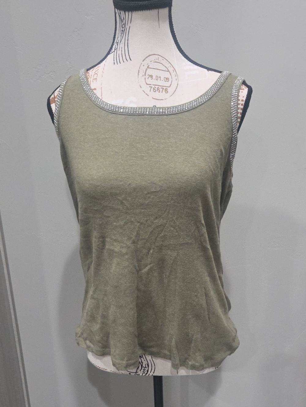 Buffalo David Bitton Olive Green Tank with Rhinestone Trim